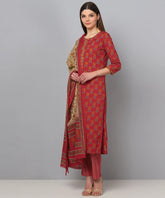 Women Maroon Brown Printed Kurta With Trousers Dupatta